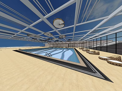 Indoor Swimming Pool With Glass Ceiling Sandy Area Loungers And Large Windows 3d model