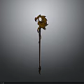 Ornate Fantasy Staff With Golden Decorative Top Red Shaft And Spiked Base 3D Render