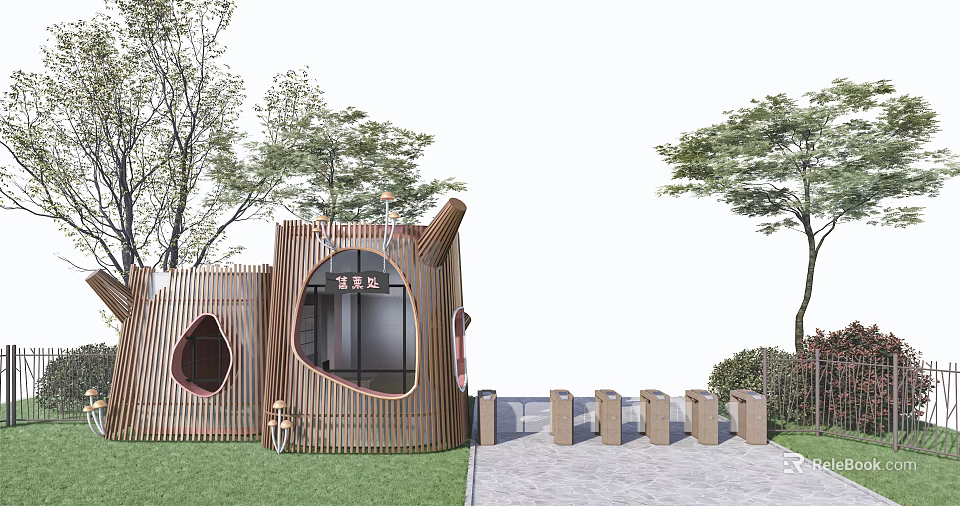 Unique Wooden Building Featuring Circular Windows Trees Lawn Stone Path And Pillars 3d model 