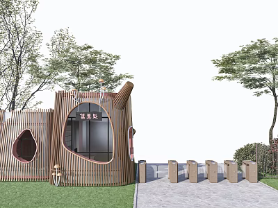Unique Wooden Building Featuring Circular Windows Trees Lawn Stone Path And Pillars 3d model