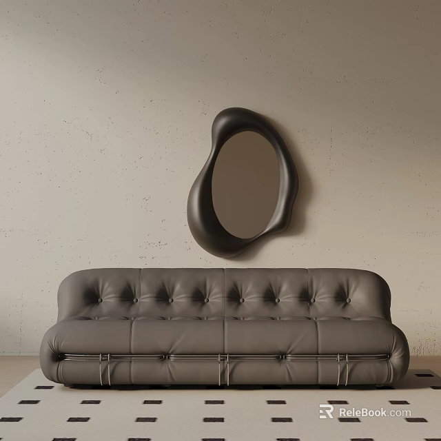 Modern Leather Three Seater Sofa With Tufted Buttons And Irregular Mirror On Light Wall 3d model
