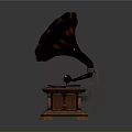 Vintage Gramophone With Wooden Base And Decorative Horn Red Record