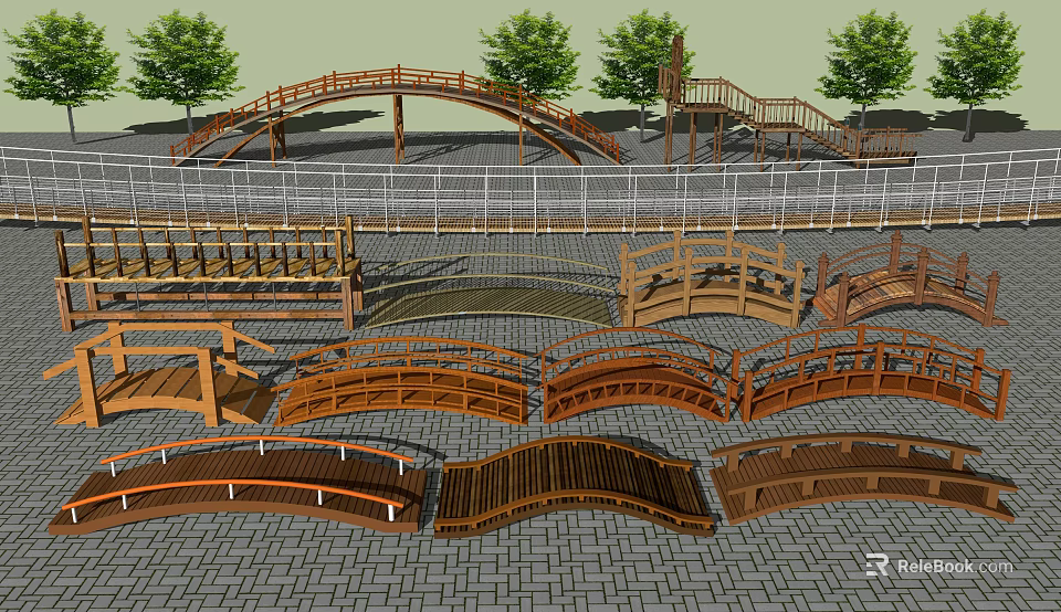 Various Wooden Bridges With Curved Railings And Different Design Styles 3d model 