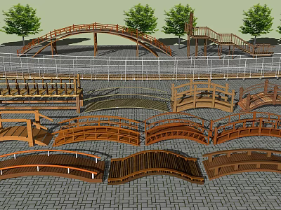 Various Wooden Bridges With Curved Railings And Different Design Styles 3d model