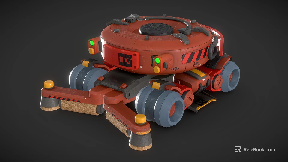 Red Utility Vehicle Model 03 Featuring Multiple Wheels Green Yellow Lights And Warning Stripes 3d model 