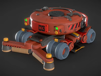 Red Utility Vehicle Model 03 Featuring Multiple Wheels Green Yellow Lights And Warning Stripes 3d model