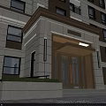 Modern Apartment Building Main Entrance Gate With Stone Facade Glass Doors Decorative Canopy and Balconies