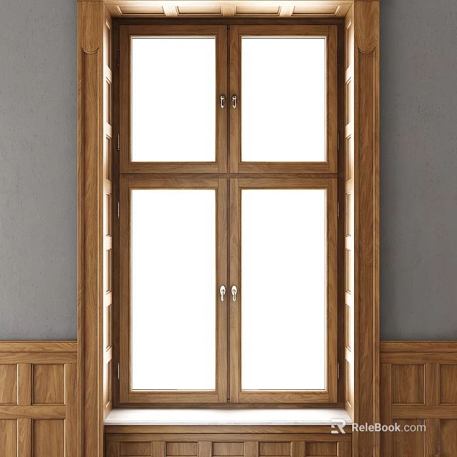 Elegant Wooden Casement Window With Glass Panes And Interior Decorative Wooden Trim Design 3d model 