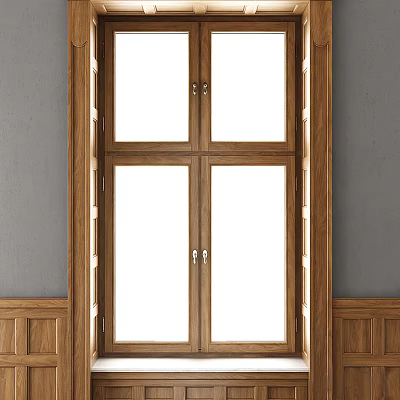 Elegant Wooden Casement Window With Glass Panes And Interior Decorative Wooden Trim Design 3d model