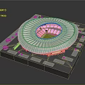 Circular Sports Stadium Model With Red Seats Green Pitch And White Roof