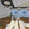 Spacious Restaurant Interior With Tables Chairs Booth Seating Large Windows And Ceiling Lights 3d model