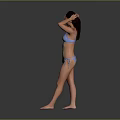 Woman in Blue Bikini Standing with Hands on Head Against Gray Background