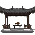 Traditional Chinese Pavilion With Curved Eaves Roof Wooden Structure And Stone Table