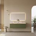 Modern Bathroom Vanity Cabinet With Green Double Sink Lighted Mirror And Gold Accents