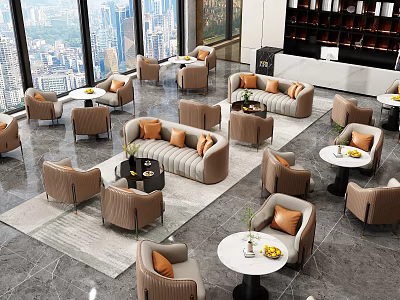 Modern Comfortable Café Interior With Cozy Sofa Seats Round Tables And City View 3d model