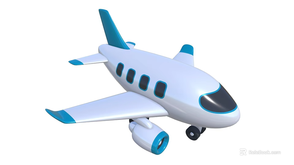 White Blue Passenger Plane Model with Black Windows Wings Tail Wheels and Blue Engine 3d model 