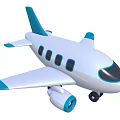 White Blue Passenger Plane Model with Black Windows Wings Tail Wheels and Blue Engine