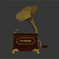 Vintage Gramophone With Golden Horn Wooden Base Black Record And Pink Center