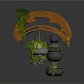 Wooden Arch Shelf With Hanging Green Plant Pots And Tiered Plant Stand