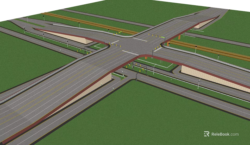 Modern Municipal Road Intersection Design With Multiple Lanes And Traffic Facilities 3d model