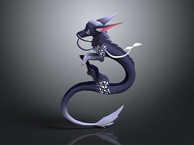 3D Dragon Model with Black White Body Curved Tail and Horned Head 3d model