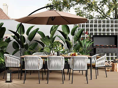 Outdoor Wooden Dining Table And White Wicker Chairs With Brown Parasol Green Plants 3d model