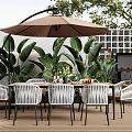 Outdoor Wooden Dining Table And White Wicker Chairs With Brown Parasol Green Plants