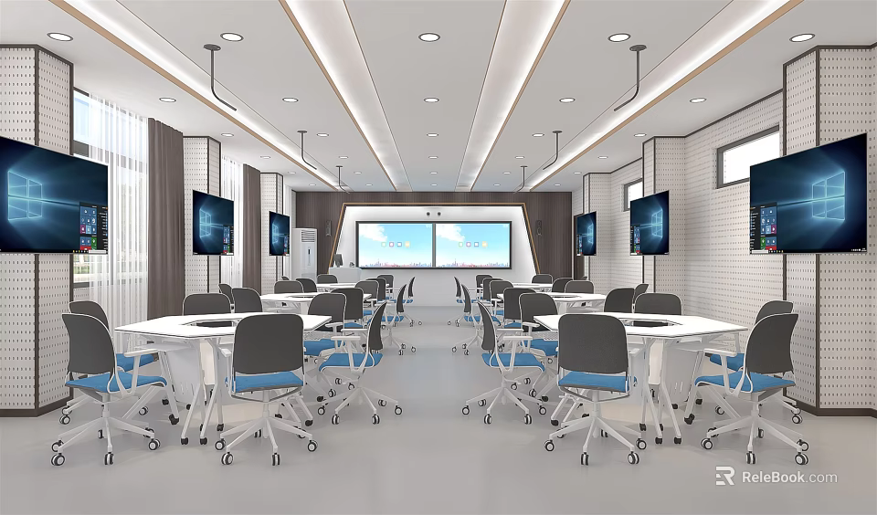 Modern School Classroom Interior With Student Desks Chairs And Screens 3d model 