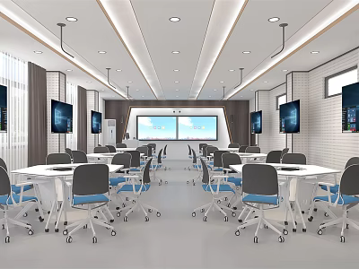 Modern School Classroom Interior With Student Desks Chairs And Screens 3d model
