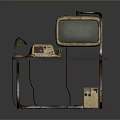 Vintage Office Desk With Table Lamp Radio Old TV Set Dark Tabletop And Metal Legs