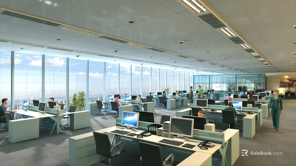 Modern Spacious Public Office Space Featuring Large Windows City View Workstations Computers And Green Plants 3d model