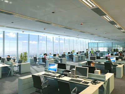 Modern Spacious Public Office Space Featuring Large Windows City View Workstations Computers And Green Plants 3d model