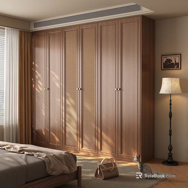 Wooden Wardrobe With Rattan Door Panels in Modern Bedroom Basking in Sunlight and Minimalist Design 3d model 