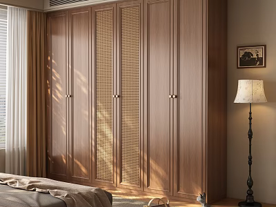 Wooden Wardrobe With Rattan Door Panels in Modern Bedroom Basking in Sunlight and Minimalist Design 3d model