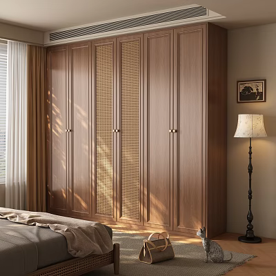 Wooden Wardrobe With Rattan Door Panels in Modern Bedroom Basking in Sunlight and Minimalist Design 3d model