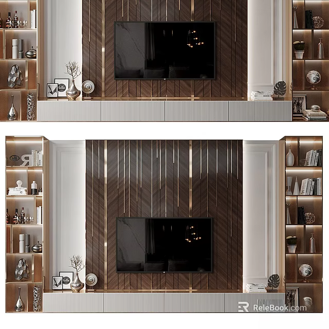 Modern TV Wall Interior Design With Wooden Panels Metal Strips And Decorative Shelves 3d model 
