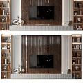 Modern TV Wall Interior Design With Wooden Panels Metal Strips And Decorative Shelves