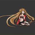 Game Anime Character With Long Golden Hair Red Coat Black Skirt Kneeling With Cards Around