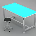 Functional Table with Blue Tabletop Metal Frame and Wheeled Stools