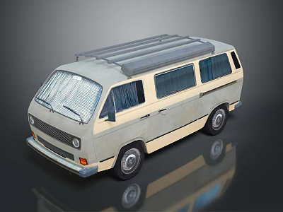 Vintage Beige Light Gray Van Exterior With Roof Rack And Window Curtains 3d model