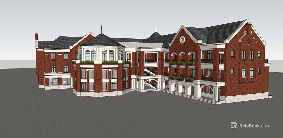 European Style Red Brick Office Building With Pitched Roofs Round Tower And Arched Porches 3d model 
