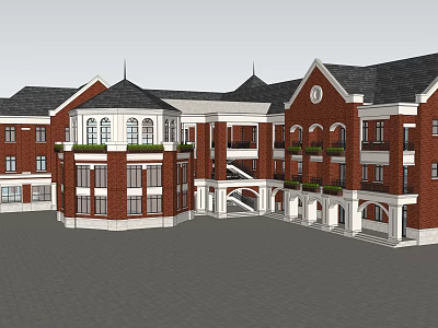 European Style Red Brick Office Building With Pitched Roofs Round Tower And Arched Porches 3d model