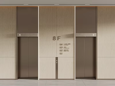 Modern Elevators A and B at 8th Floor with Wooden Paneling 3d model