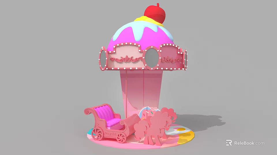 Pink Carousel Design With Ice Cream Top Cherry Carriage And Ponies 3d model 