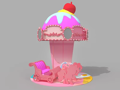 Pink Carousel Design With Ice Cream Top Cherry Carriage And Ponies 3d model