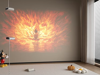 Projection Monitoring Setup With Dynamic Flame Image Display On Wall In Home Room Interior 3d model