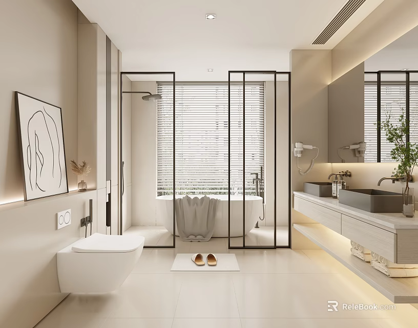 Modern Bathroom Interior Design With White Toilet Double Sinks And Bathtub 3d model 