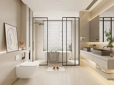 Modern Bathroom Interior Design With White Toilet Double Sinks And Bathtub 3d model