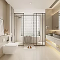 Modern Bathroom Interior Design With White Toilet Double Sinks And Bathtub