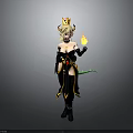 Fantasy Female Character with Golden Crown Black Outfit Green Tail and Flaming Hand